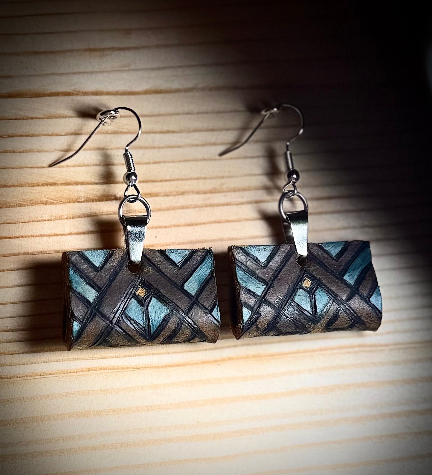 Genuine Leather Native Aztec Looped Dangle Earrings — Hand Burned & Painted