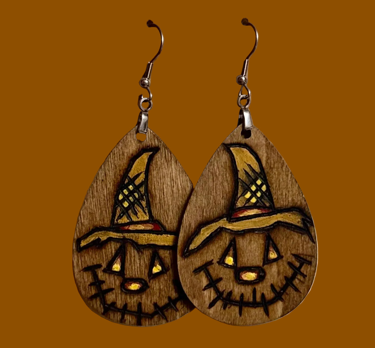 Wood Teardrop Scarecrow Earrings