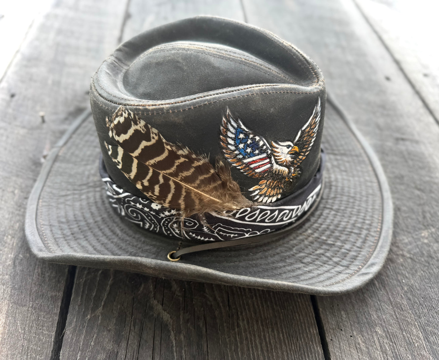 Patriotic Eagle Outback Hat | Hand-Burned & Painted American Flag Eagle | Custom Leather Hat