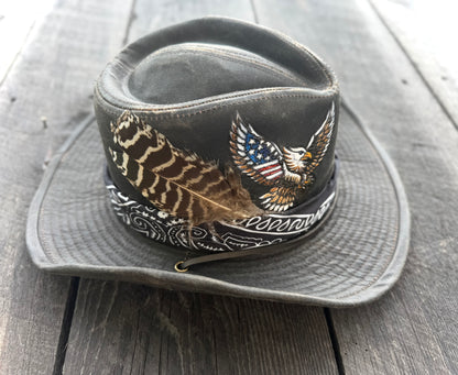 Patriotic Eagle Outback Hat | Hand-Burned & Painted American Flag Eagle | Custom Leather Hat
