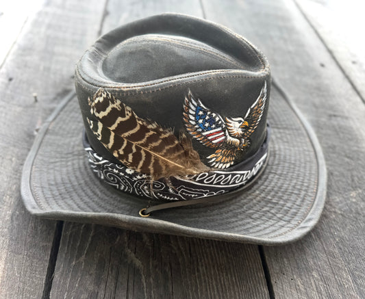 Patriotic Eagle Outback Hat | Hand-Burned & Painted American Flag Eagle | Custom Leather Hat