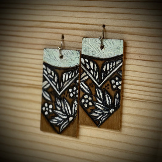 Wooden Rectangle Earrings with Hand Burned & Painted White Florals