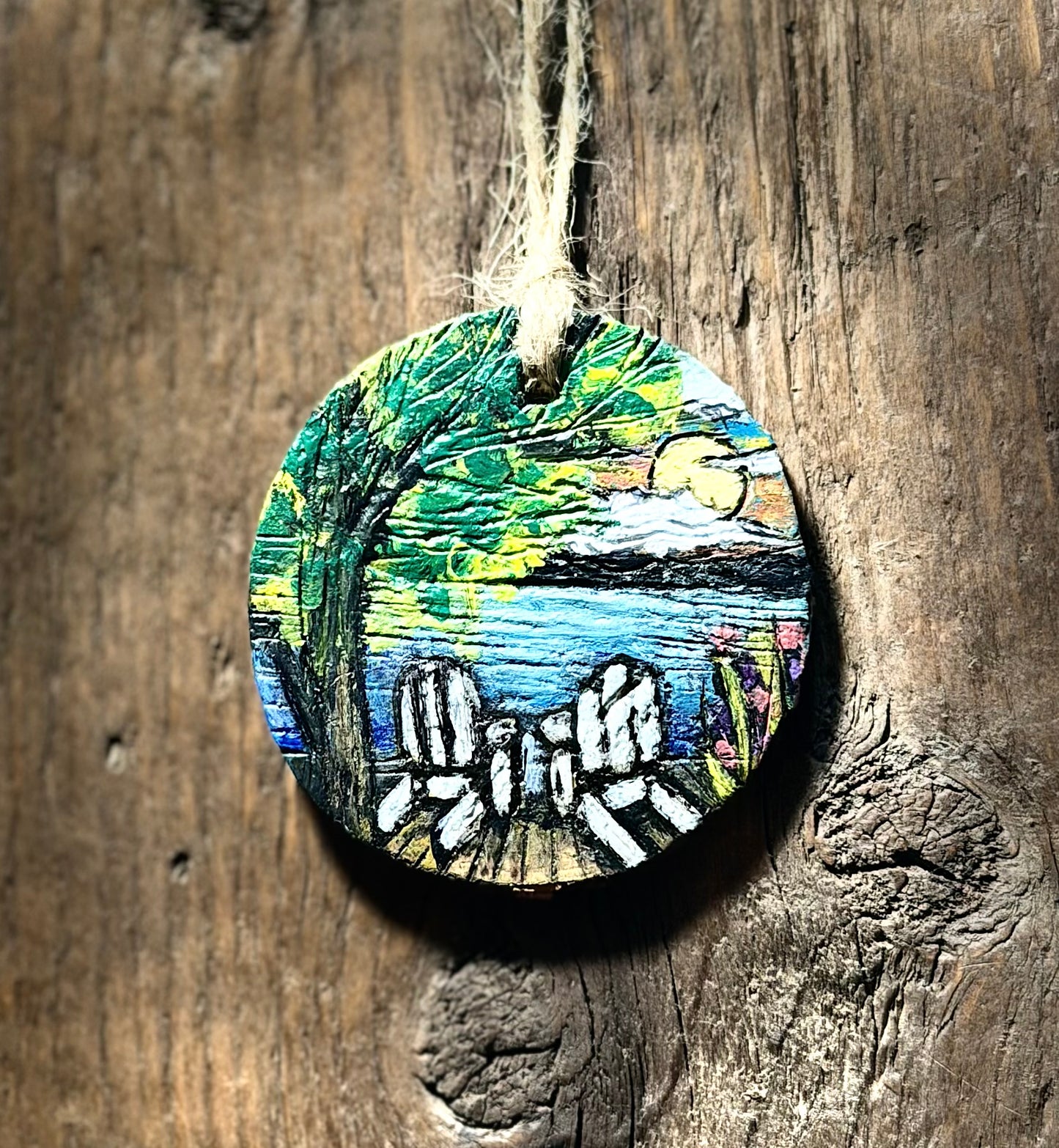 Adirondack View of Lake Woodslice Ornament or Gift Tag | Hand Burned & Painted