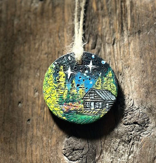 Country Life Night Sky Woodslice Ornament or Gift Tag | Hand Burned & Painted