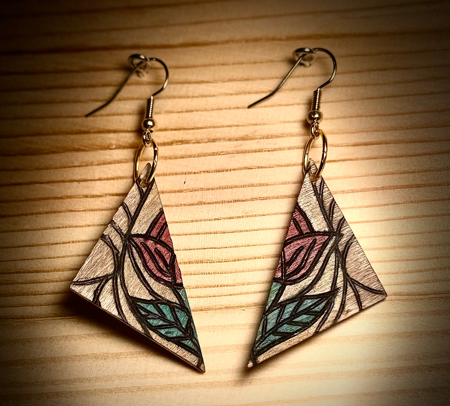 Wooden Triangle Assorted Design Earrings — Hand Burned & Painted — Floral, Nature, Geometric