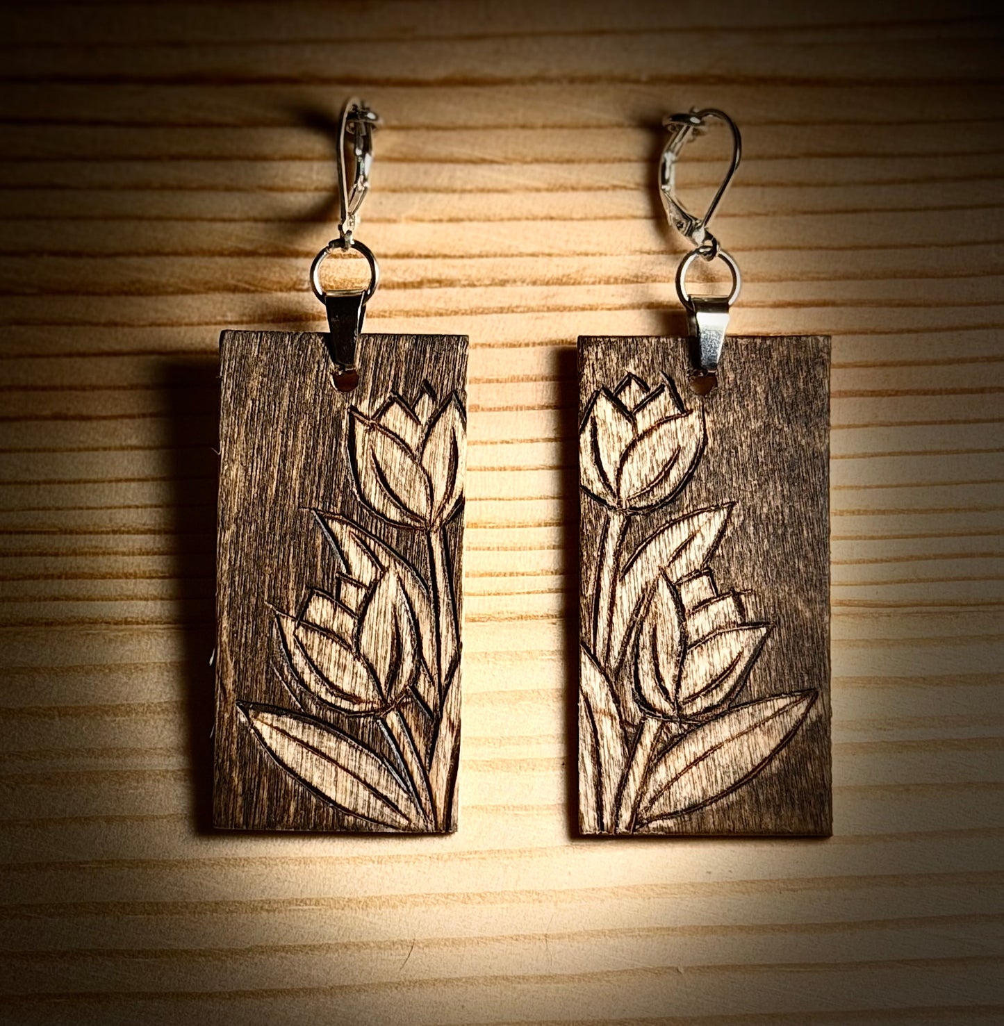 Assorted Floral Design Wooden Rectangle Earrings — Hand Burned & Painted