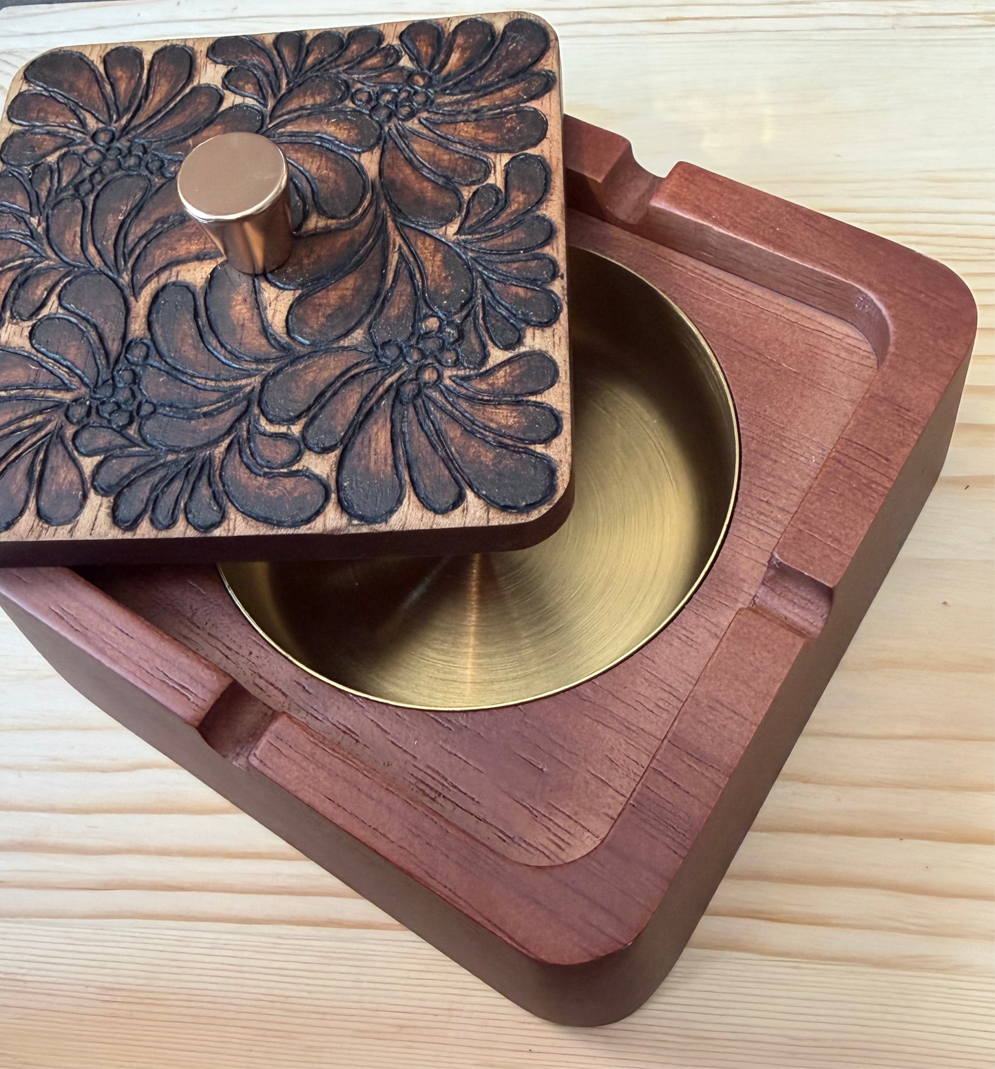 Solid Woodburned Ashtray with Removable Insert