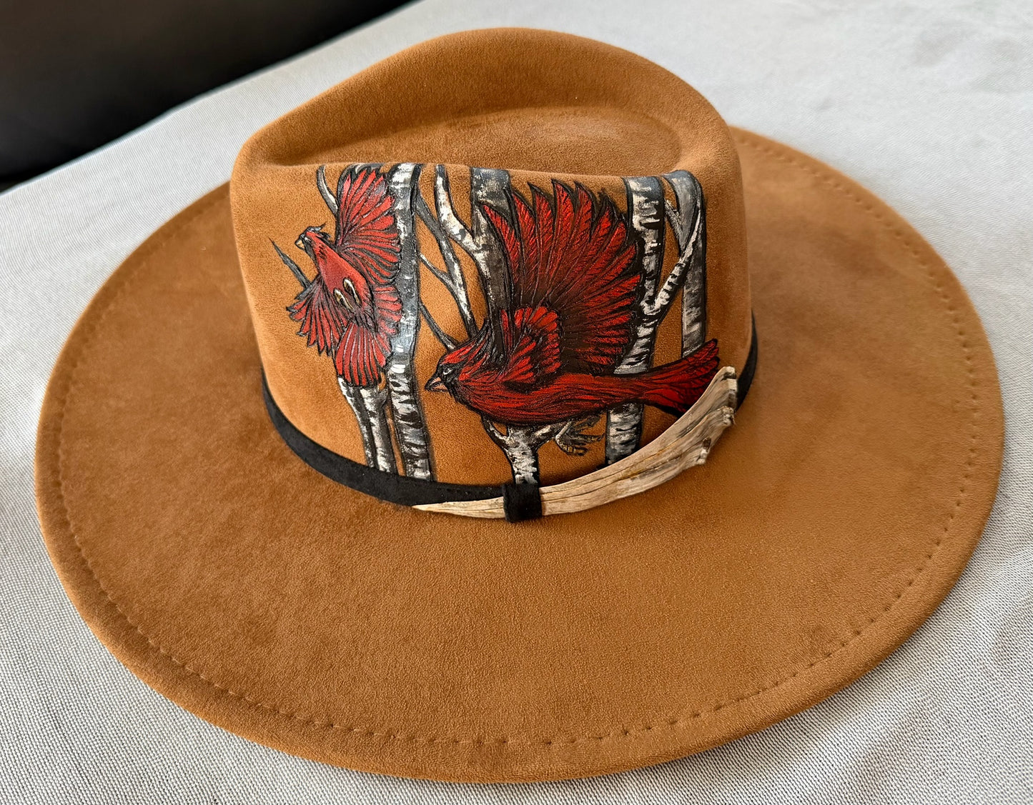 Hand-painted and burned Cardinal & Birch Rancher Hat — Faux Suede — Ember Line