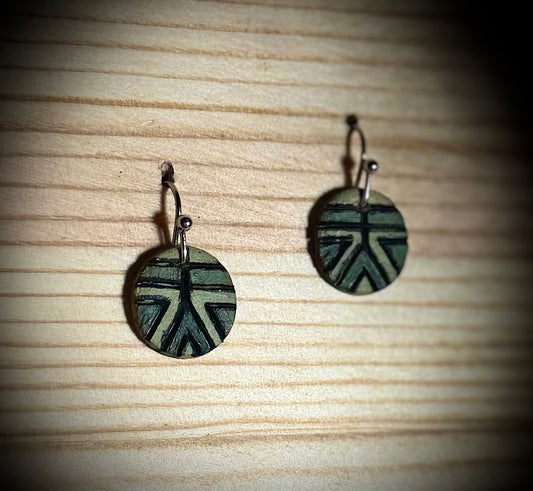 Mini Wooden Geometric Green Earrings — Hand Burned & Painted