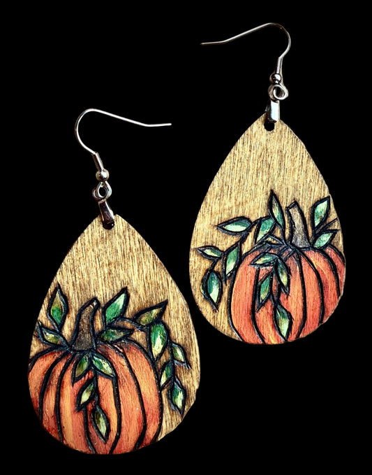 Wood Teardrop Pumpkin Earrings