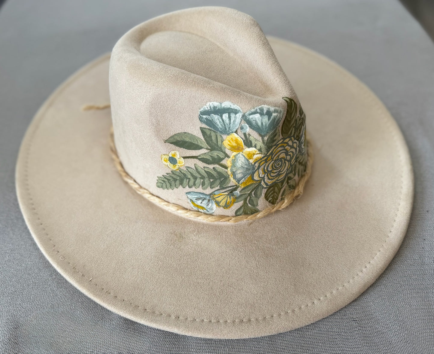 Hand-painted pastel floral hat — Faux Suede — Ember Line