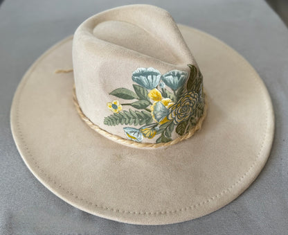 Hand-painted pastel floral hat — Faux Suede — Ember Line