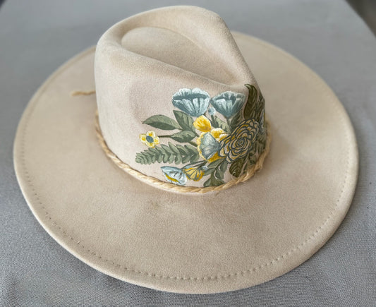 Hand-painted pastel floral fedora — Faux Suede