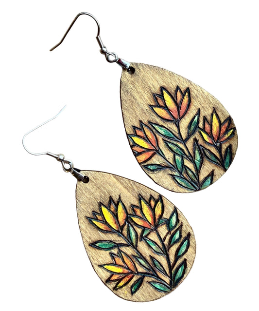 Wood Teardrop Flower Earrings