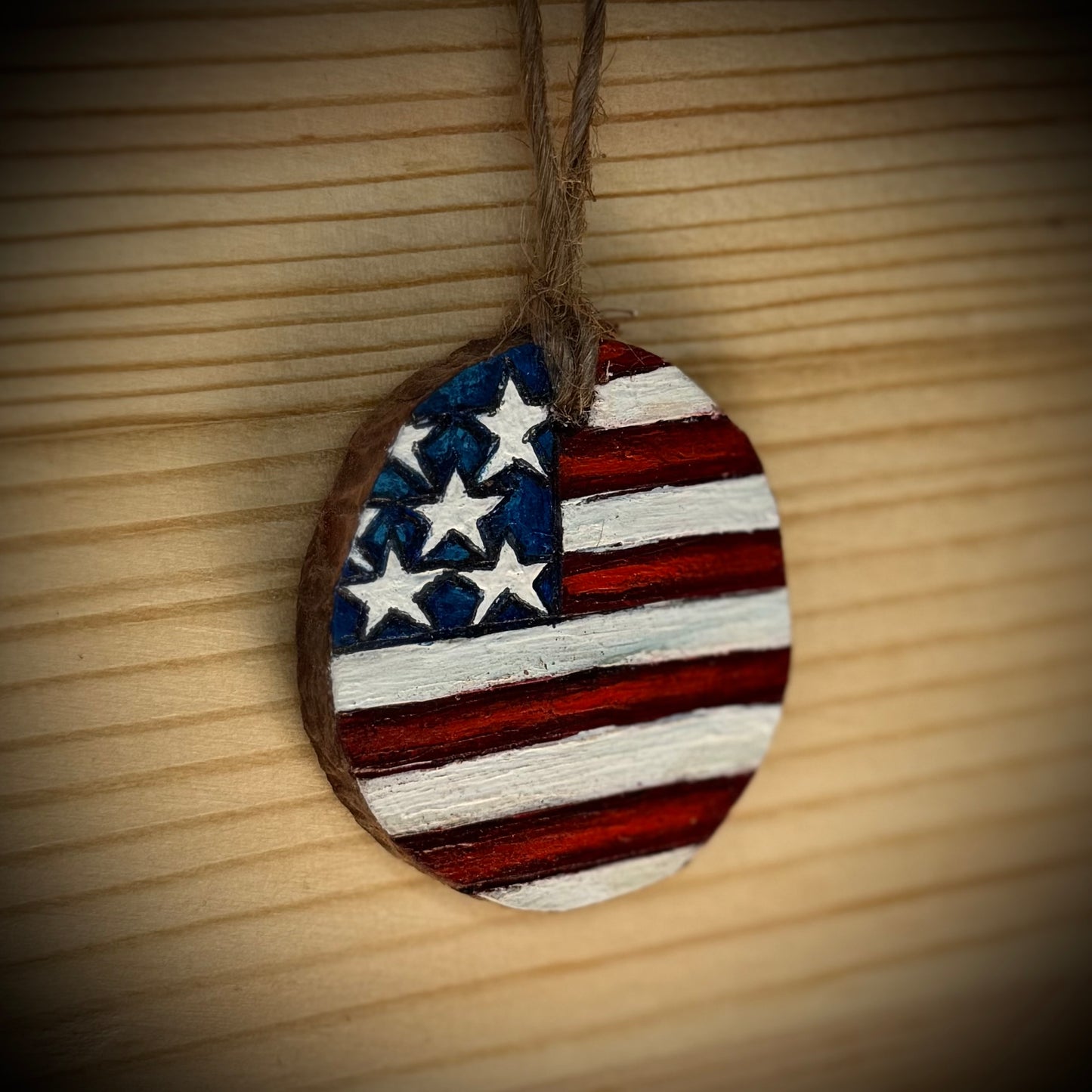 American Flag Woodslice Ornament or Tag | Hand Burned & Painted