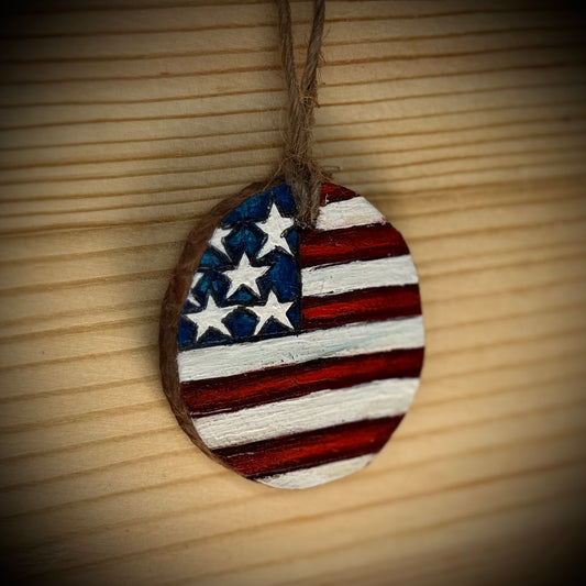 American Flag Woodslice Ornament or Tag | Hand Burned & Painted