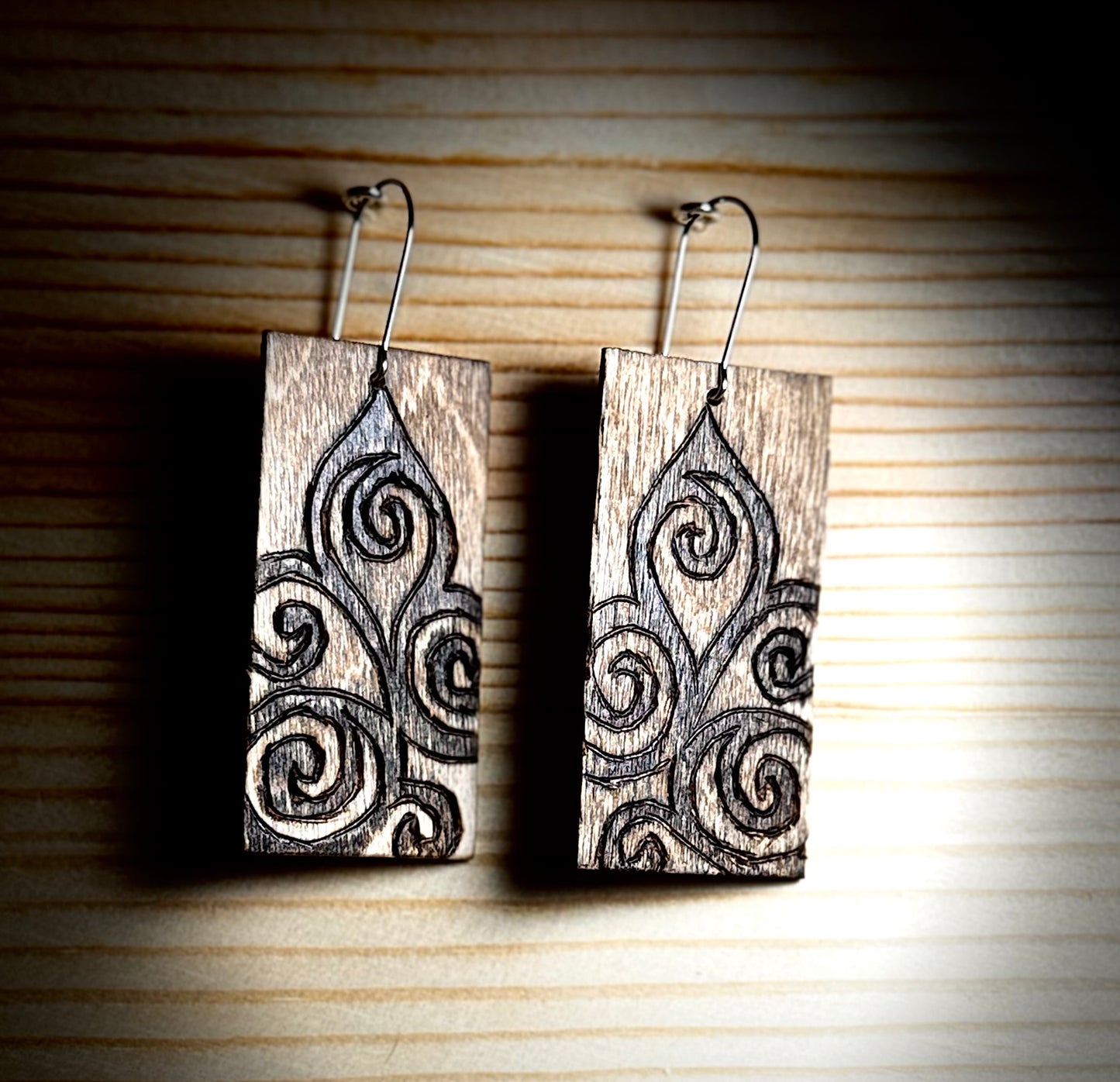 Assorted Floral Design Wooden Rectangle Earrings — Hand Burned & Painted