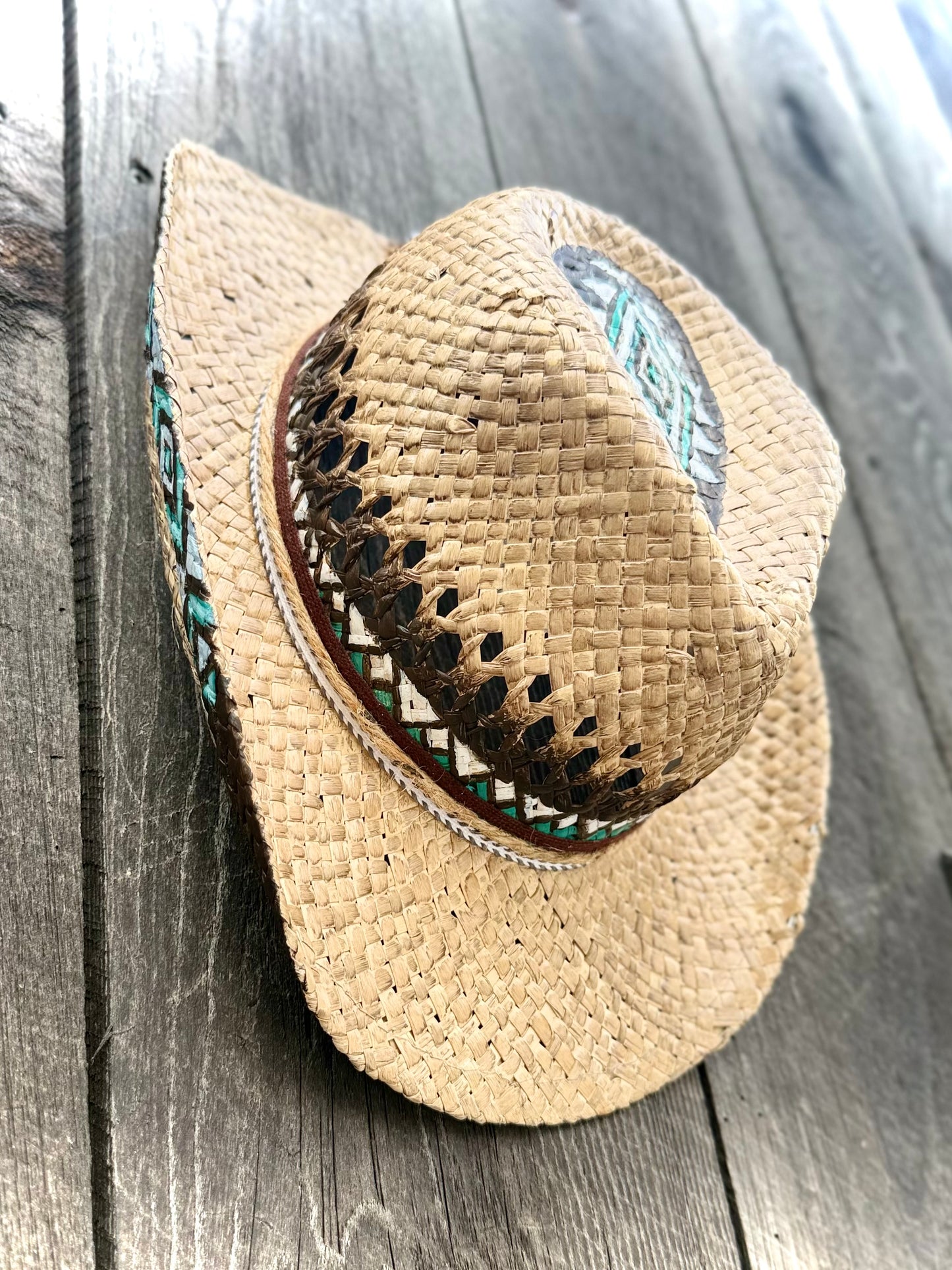 Straw Cowboy Hat | Painted Native Aztec designs | Youth/Sm. Adult