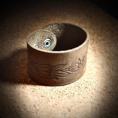 Hand Burned Tulip Leather Cuff Bracelet | 2 snap closures for adjustable fit