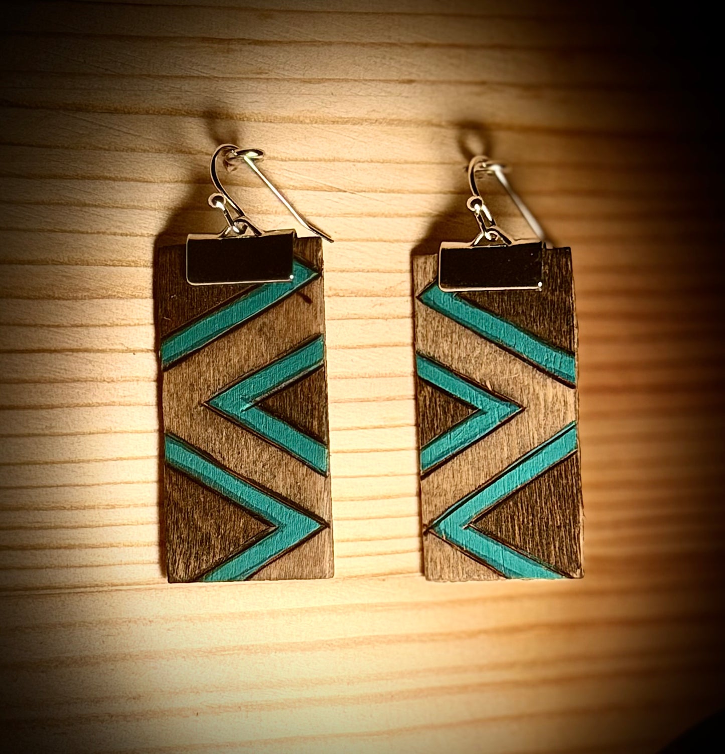 Colorful Aztec Style Wooden Rectangle Earrings — Hand Burned & Painted