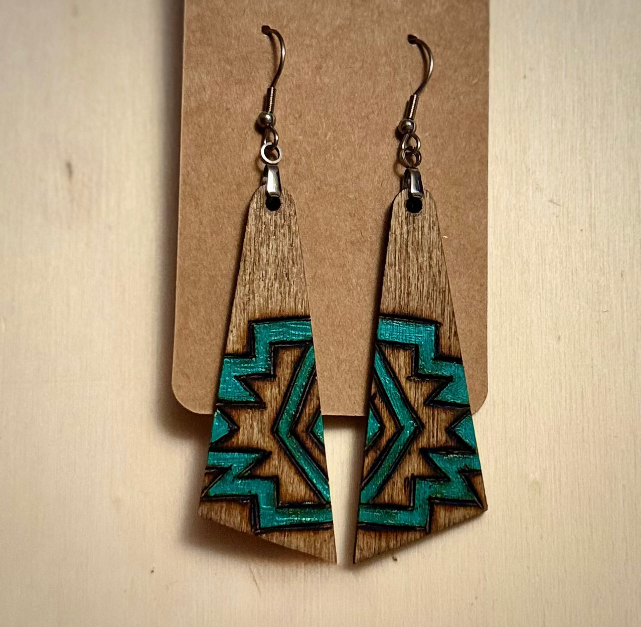 Turquoise Aztec Style Wood Earrings