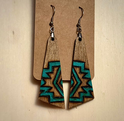 Turquoise Aztec Style Wood Earrings