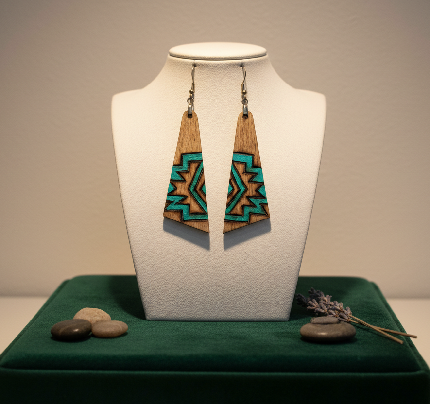 Turquoise Aztec Style Wood Earrings