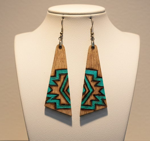 Turquoise Aztec Style Wood Earrings