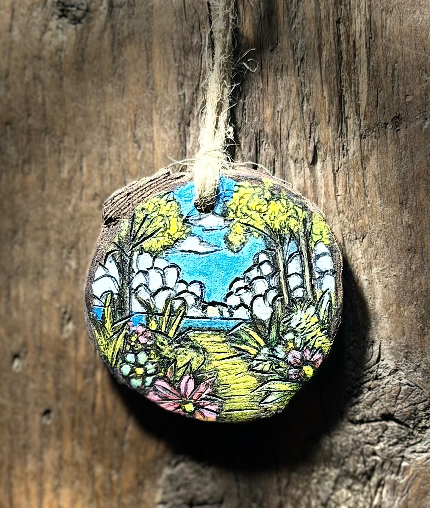 Path to the Water Woodslice Ornament or Gift Tag | Hand Burned & Painted