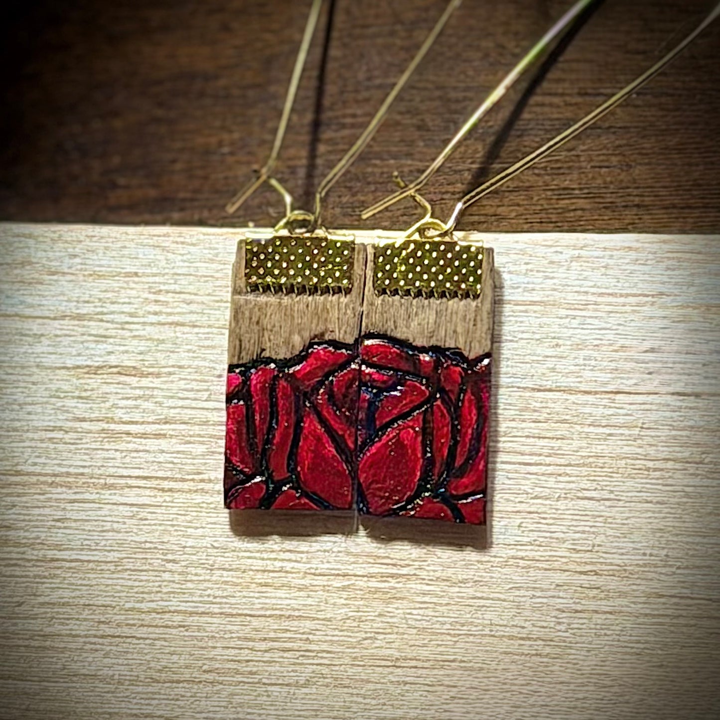 Small Wooden Red Rose and Gold Earrings — Hand Burned & Painted — Long Gold Loop Hooks
