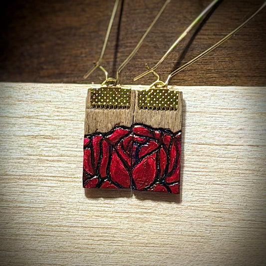 Small Wooden Red Rose and Gold Earrings — Hand Burned & Painted — Long Gold Loop Hooks