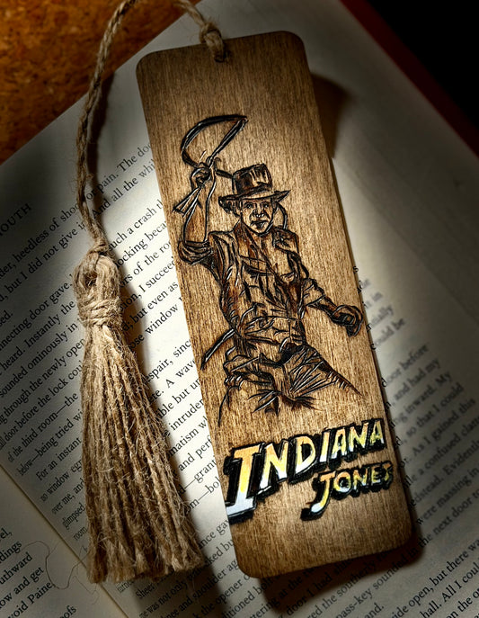Large Wooden Indiana Jones Bookmark with Tassel | Hand Burned & Painted