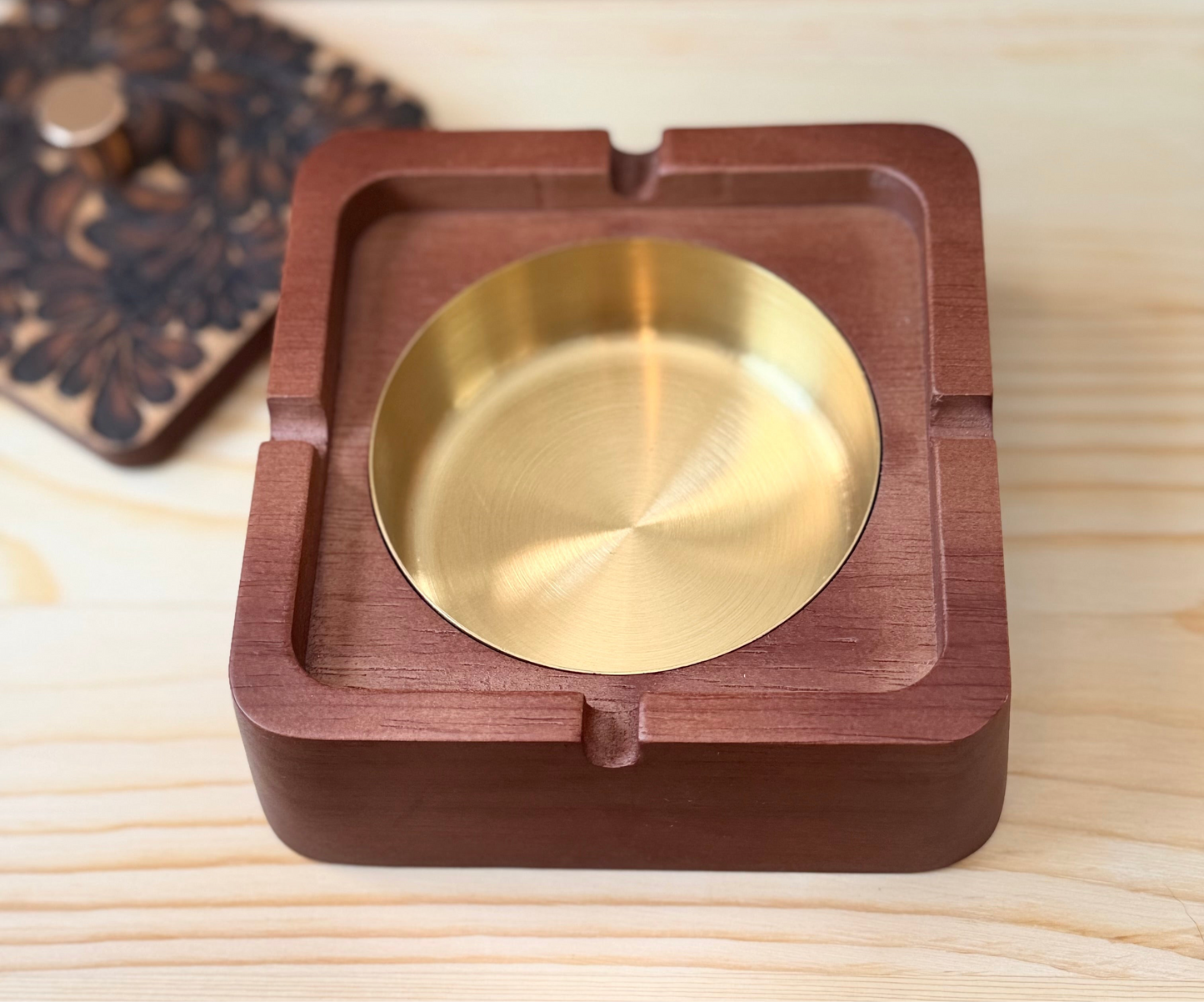 Solid Woodburned Ashtray with Removable Insert