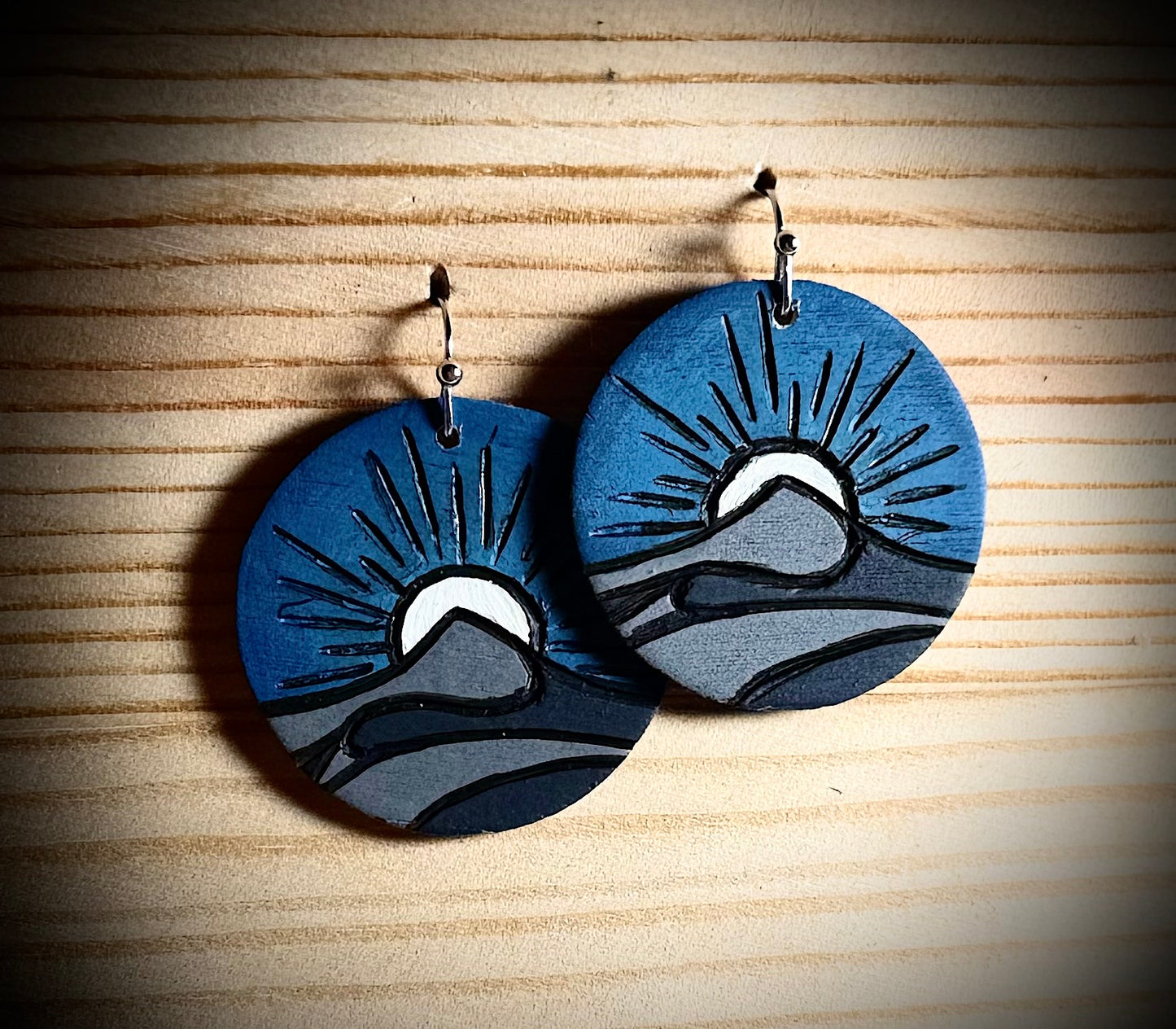 Assorted Nature Inspired Round Wooden Earrings — Hand Burned & Painted — Mountain, Camping, Tulips