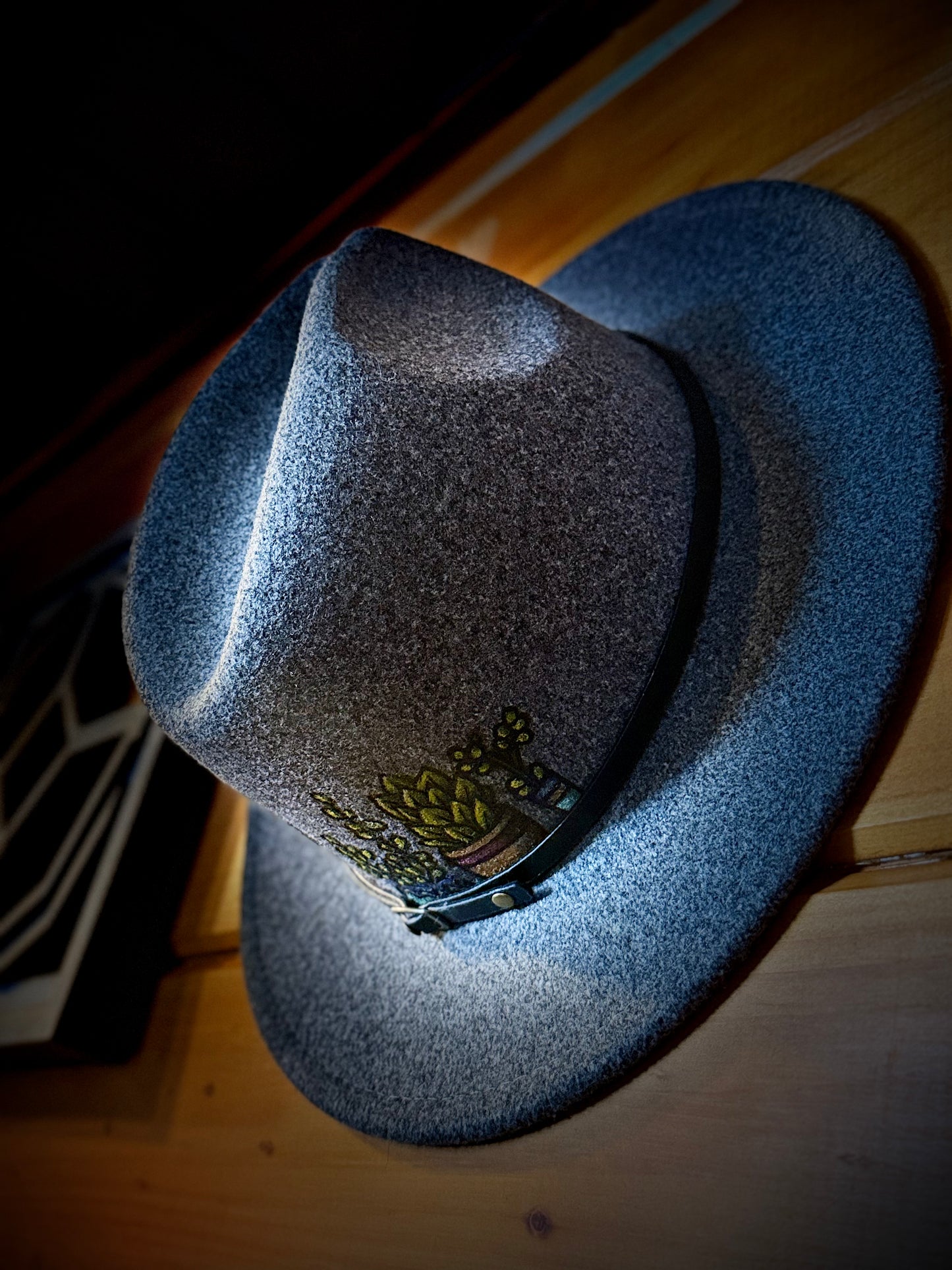Gray Fedora with Hand-Painted & Burned Potted Succulents