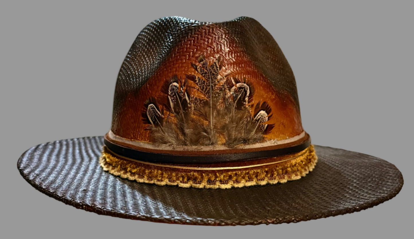 Hand-Painted Straw Fedora with feathers – Boho Style, Medium