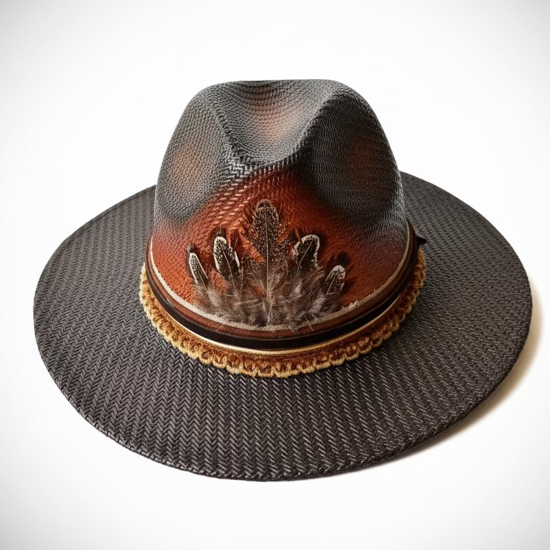 Hand-Painted Straw Fedora with feathers – Boho Style, Medium