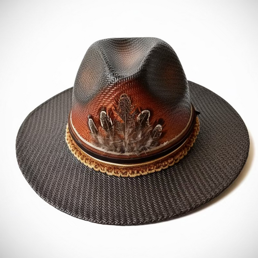Hand-Painted Straw Fedora with feathers – Boho Style, Medium