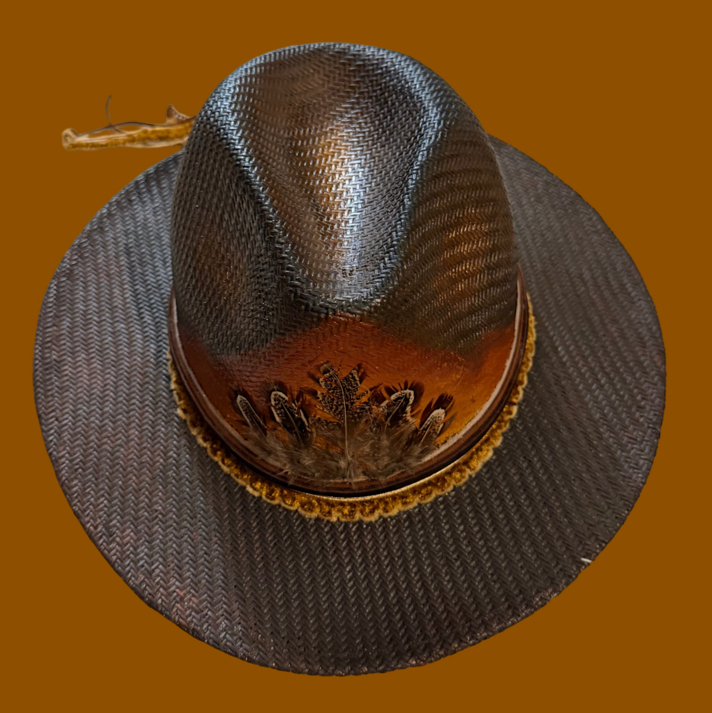 Hand-Painted Straw Fedora with feathers – Boho Style, Medium