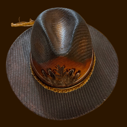 Hand-Painted Straw Fedora with feathers – Boho Style, Medium