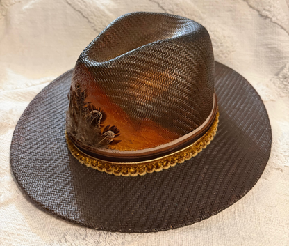 Hand-Painted Straw Fedora with feathers – Boho Style, Medium