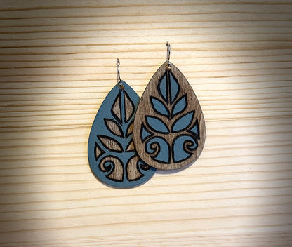 Hand-burned & Painted Inverted Blue Wood Teardrop Earrings — Kindling Collection