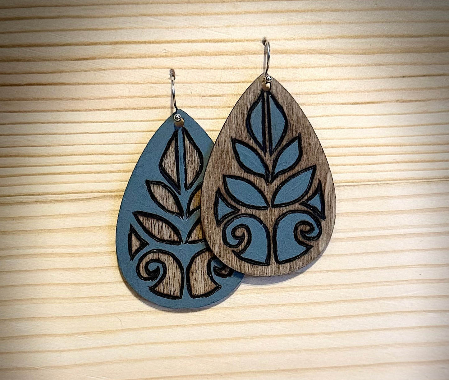 Hand-burned & Painted Inverted Blue Wood Teardrop Earrings — Kindling Collection