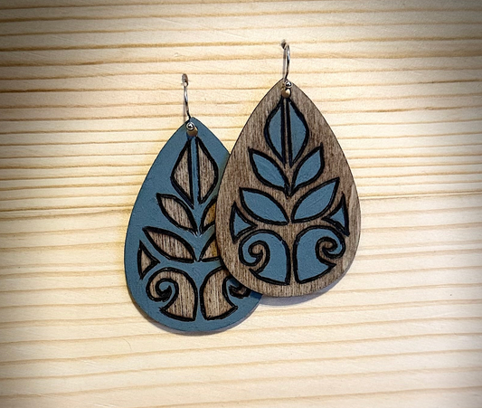 Hand-burned & Painted Inverted Blue Wood Teardrop Earrings