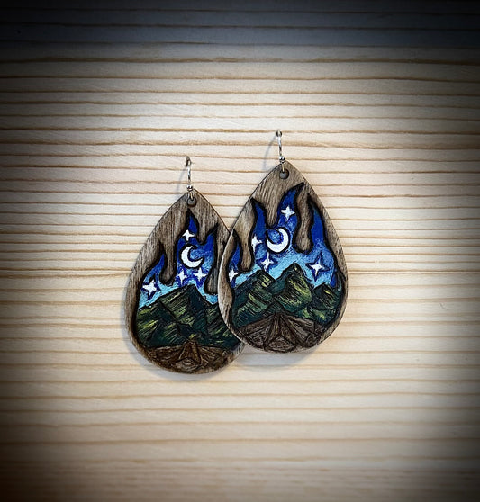 Night Sky Flame Landscape Earrings | Wood Teardrop | Hand Burned & Painted