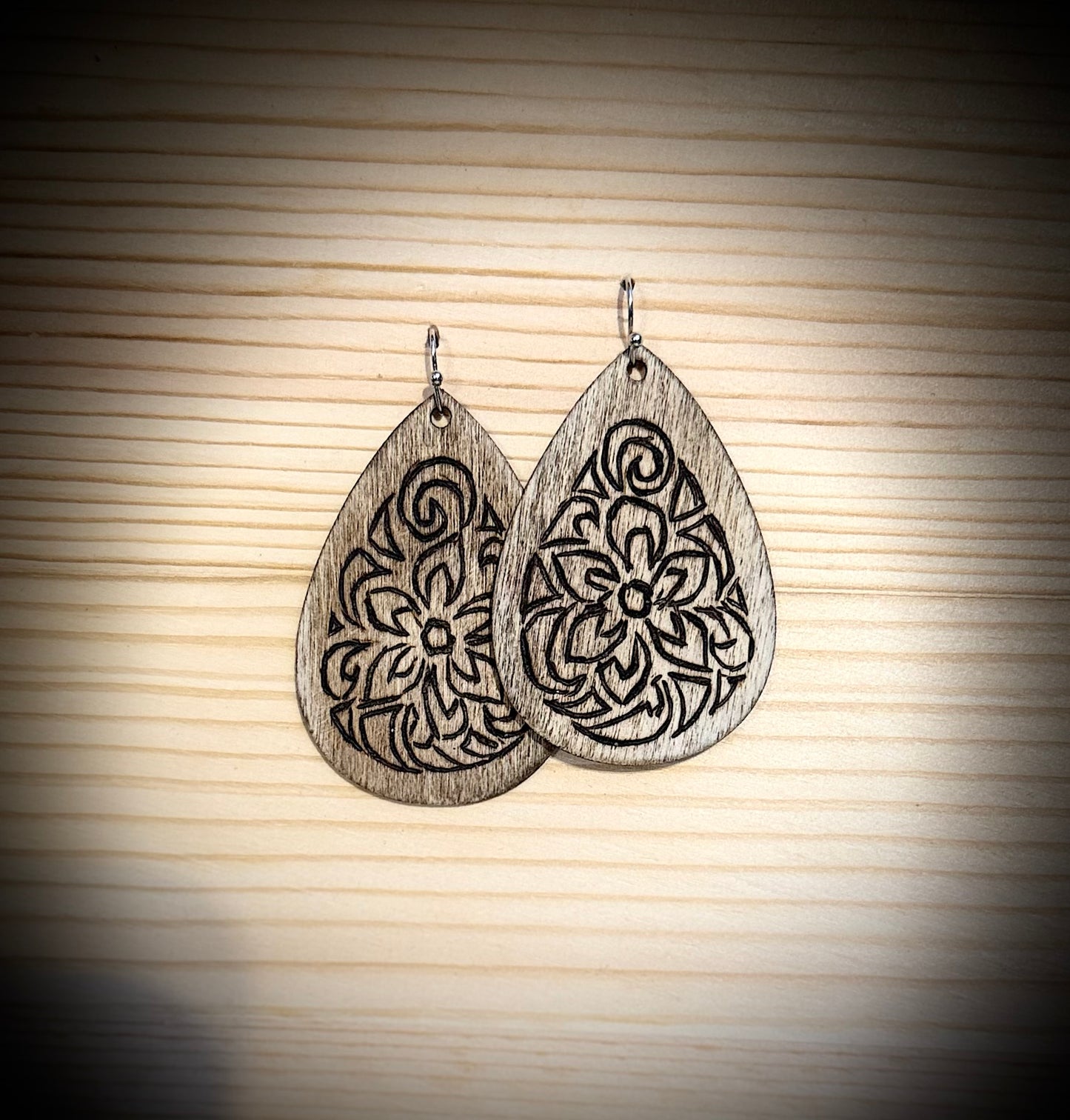 Hand Burned Wood Floral Filigree Earrings | Dangle Teardrops
