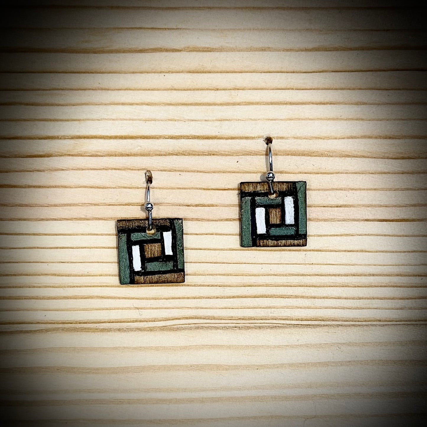 Mini Wooden Barn Quilt Dangle Earrings | Hand Burned & Painted | Green & White Collection