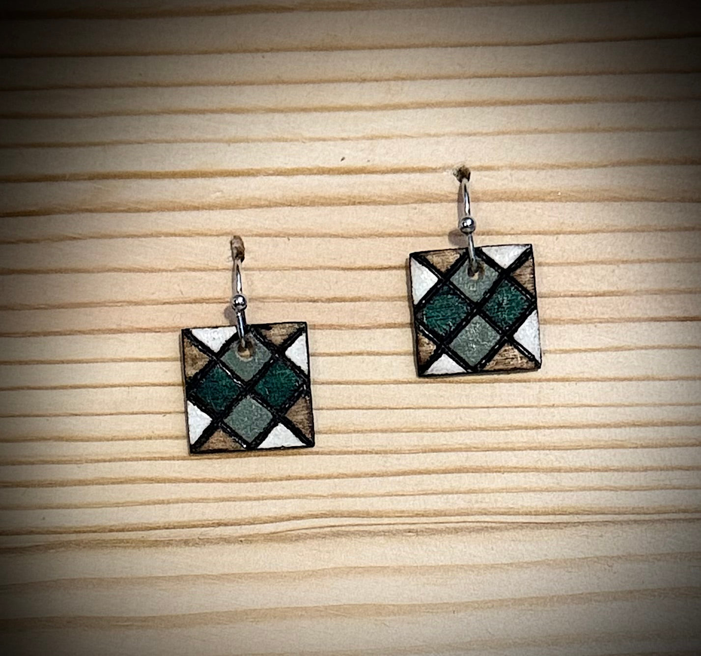 Mini Wooden Barn Quilt Dangle Earrings | Hand Burned & Painted | Green & White Collection