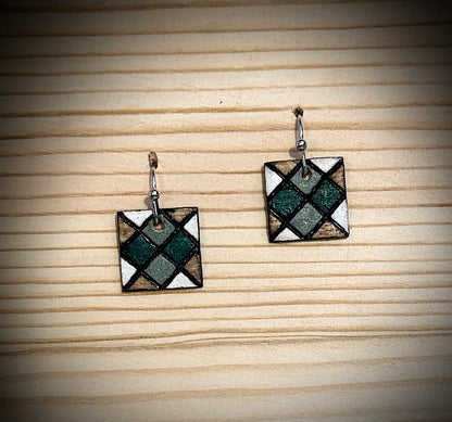 Mini Wooden Barn Quilt Dangle Earrings | Hand Burned & Painted | Green & White Collection