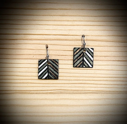 Mini Wooden Barn Quilt Dangle Earrings | Hand Burned & Painted | Green & White Collection